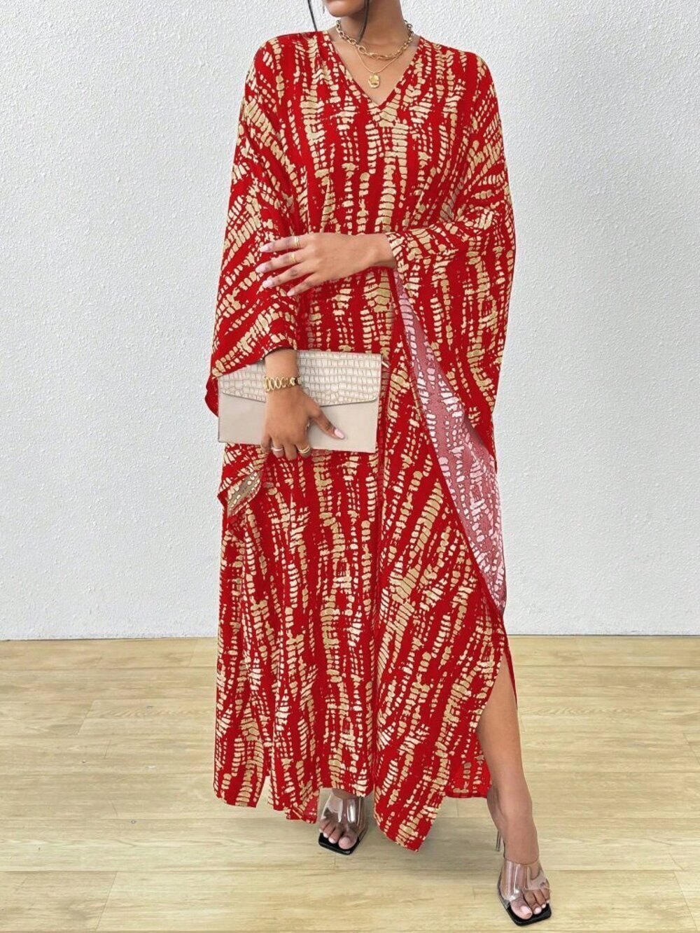 Red Casual Women's Striped Batwing Sleeve V-Neck Maxi Dress beach Cover-Up